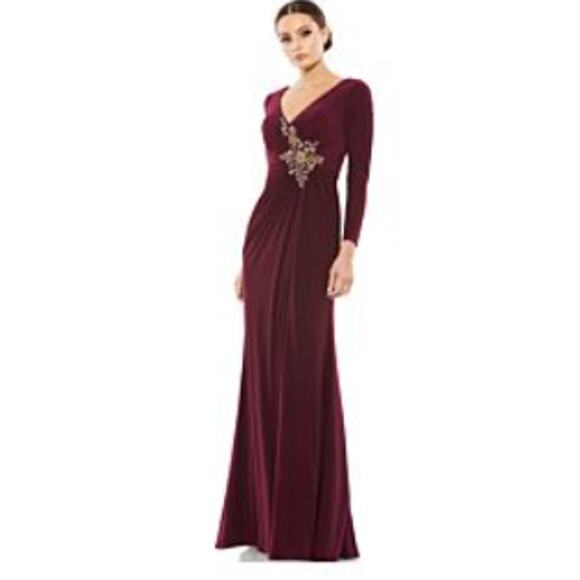 NEW Mac Duggal 6 67848 Long Sleeve Faux Wrap Dress Maxi Formal Beaded Burgundy - Picture 1 of 7